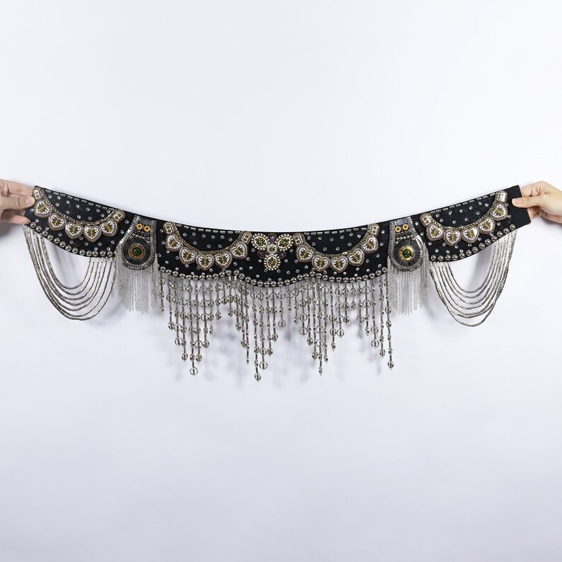 Punk Black Tribal Belly Dance Belt with Arabic Jewelry and Metal Chain Drapes image 10