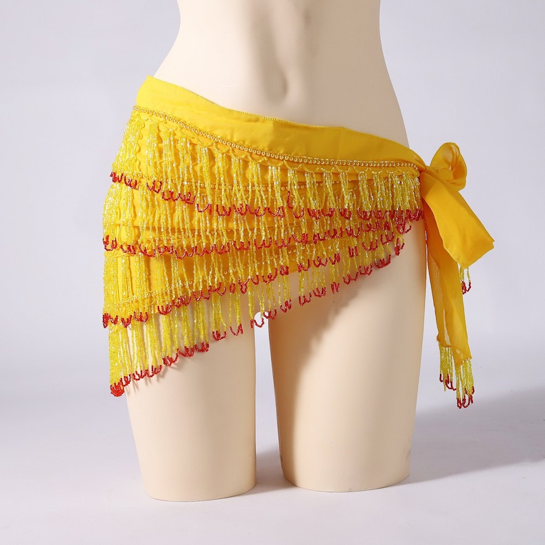 4 Rows Belly Dance Top Grade Hip Scarf Chiffon Wraps with Beading Fringes