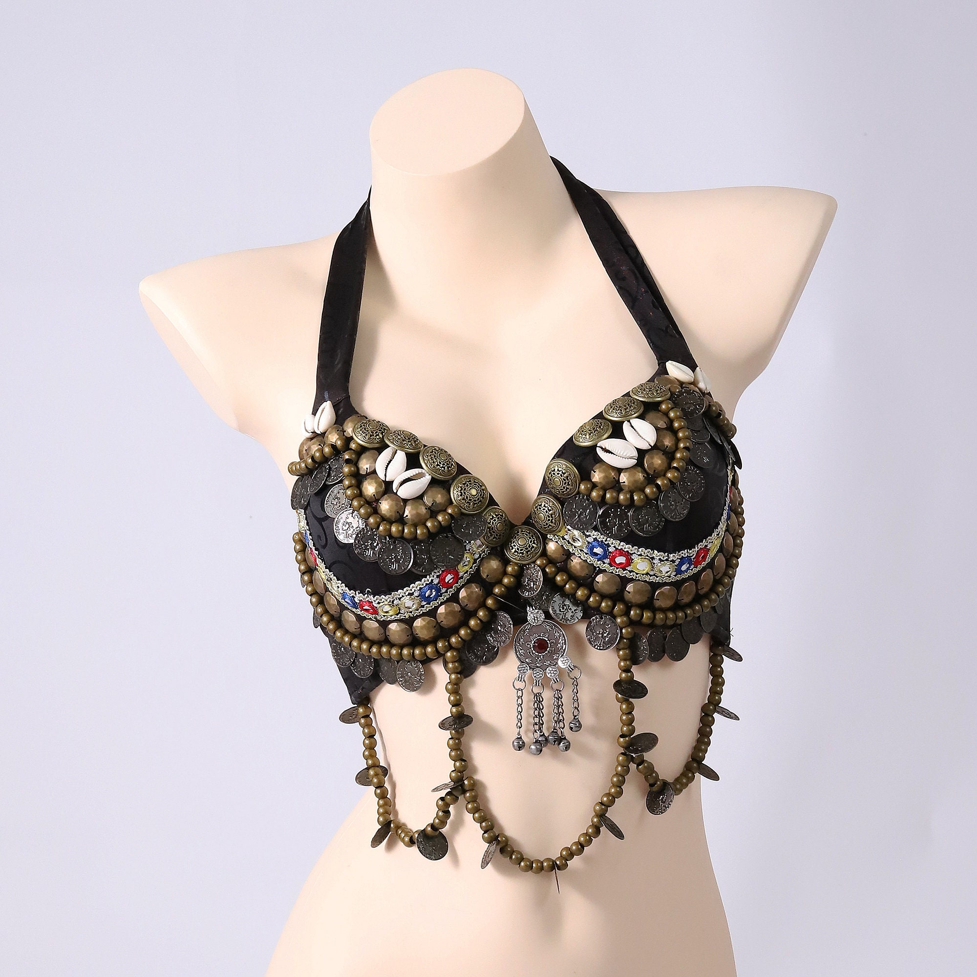 Shiny Tribal Style Belly Dance Bra ATS Tops With Bronze Coins Drapes 