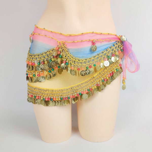 Rainbow Organza Belly Dance Hip Scarf with Gold Beads and Coins
