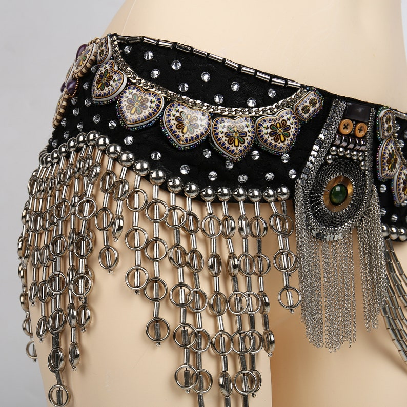 Punk Black Tribal Belly Dance Belt with Arabic Jewelry and Metal Chain Drapes image 6