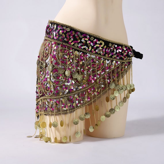 Ornate Belly Dance Hip Scarf With Multicolor Beads and Coins