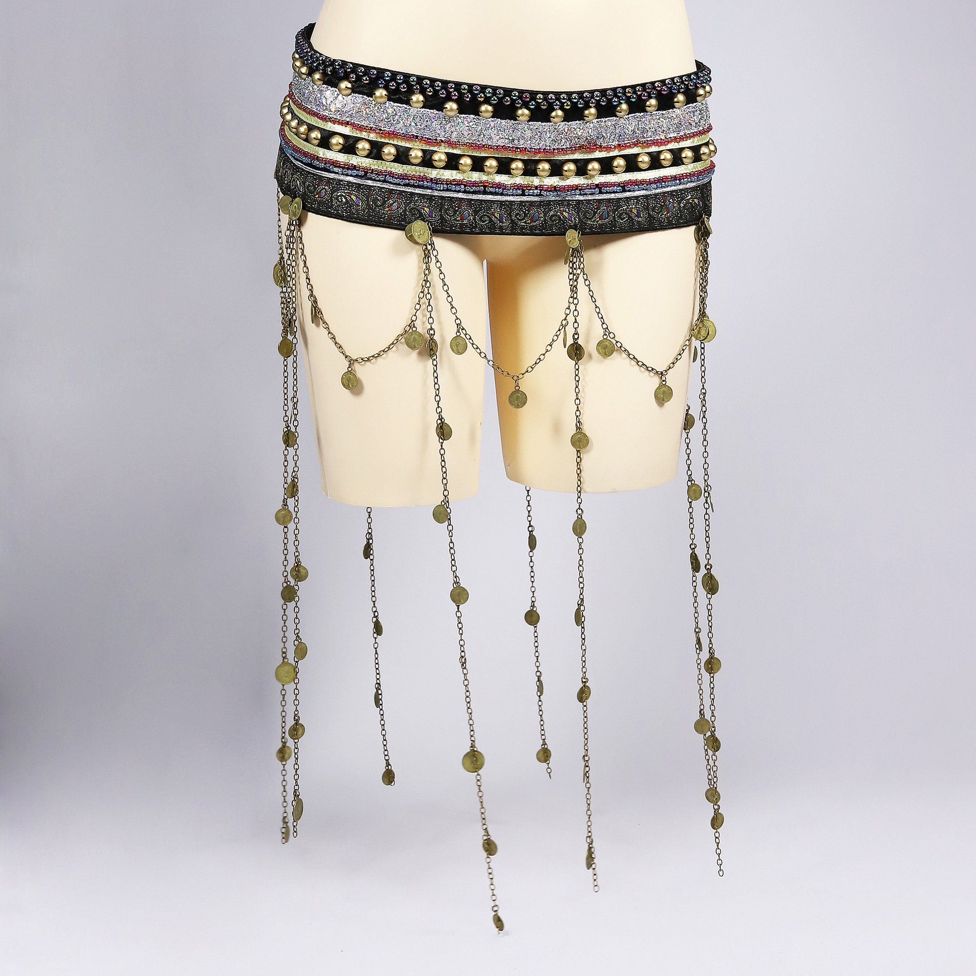 Women Tribal Belly Dance Costume 2 Pieces Set Zari Bra With Large Pendant Coins  Belt 