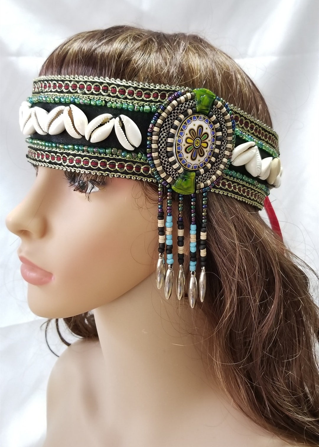 Tribal Belly Dance Headpiece With Shells Beads Fringes Jewelry Set Etsy