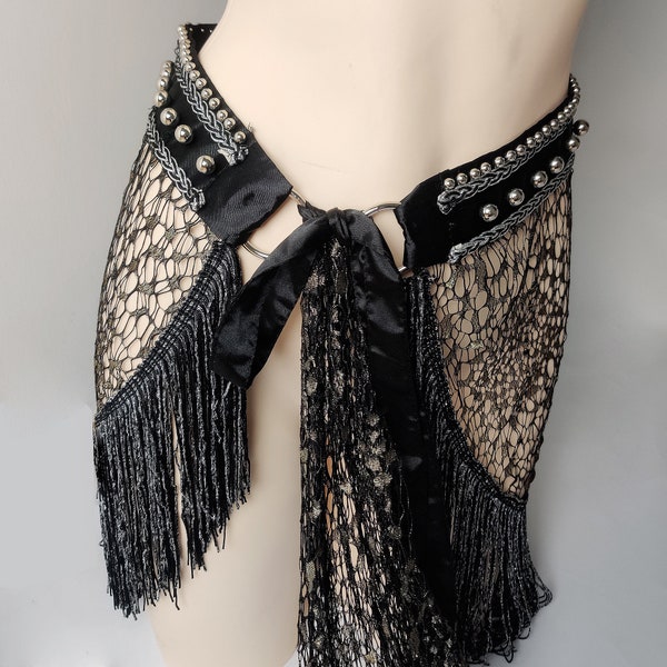 Tribal Mesh Wrap with Metallic Studs Belly Dance Hip Scarf Black/Gold