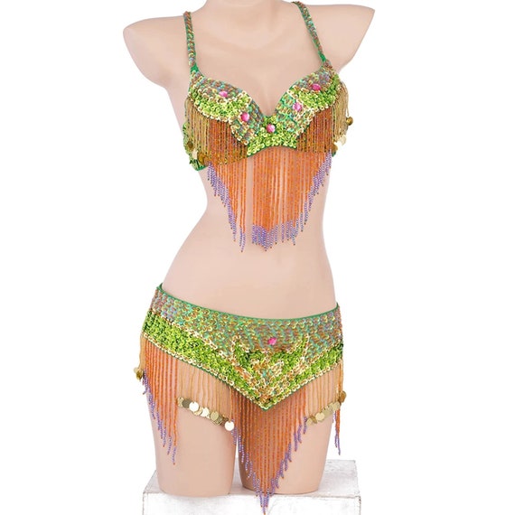 Professional Belly Dance Costume Set With Beads & Rhinestones 