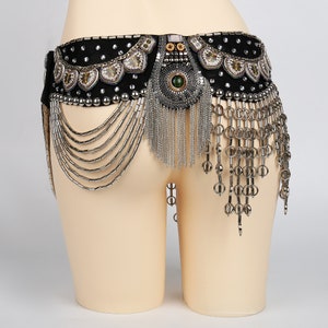 Punk Black Tribal Belly Dance Belt with Arabic Jewelry and Metal Chain Drapes image 3