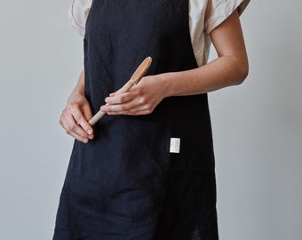 Linen Apron Black | Pinafore Kitchen Apron | Garden Apron | Apron for Woman | Minimalist | Washed Linen | Apron with pockets | Zero Waste