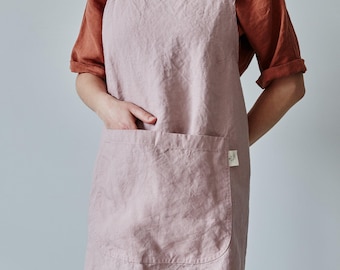 Linen Apron Dusty-Pink | Pinafore Kitchen Apron | Dusty-Pink Garden Apron | Minimalist | Washed Linen | Apron with pockets | Zero Waste