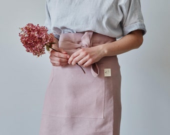 Linen Half Apron | Half Apron with Pockets | Half Apron for Her | Dusty pink Half Apron | Cafe Apron | Barista | Cooking Apron | Zero Waste