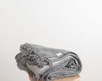 Woven throw blanket, Natural muslin bedcover in Charcoal & Silver - different colours available