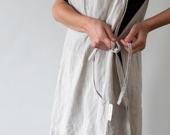 Linen apron dress, Linen plus size apron, Gardening gift for mom, Natural Linen Utility Apron with pockets