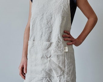 Linen Apron Oatmeal | Pinafore Kitchen Apron | Oatmeal Garden Apron | Apron for Woman | Minimalist | Washed Linen | Apron with pockets