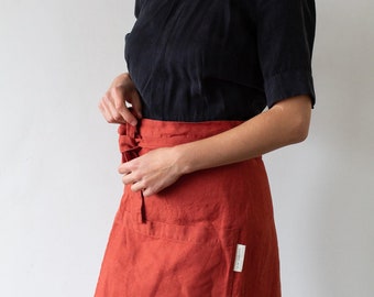 Linen Half Apron | Half Apron with Pockets | Half Apron for Her | Terracota Half Apron