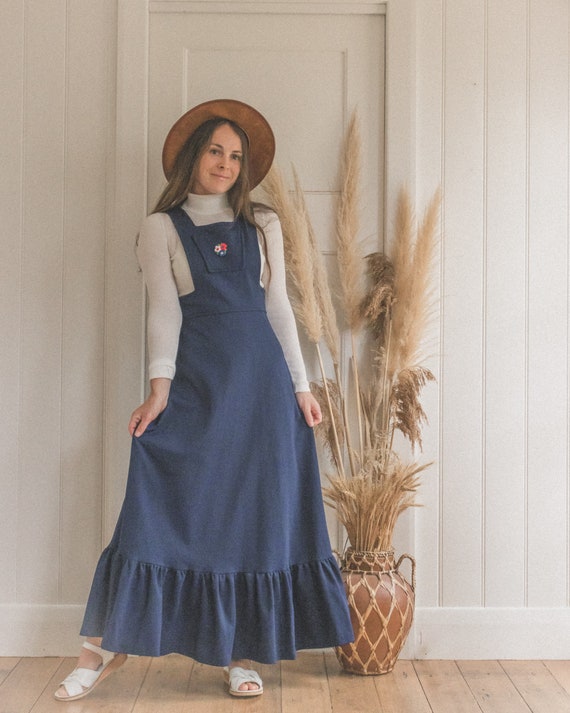 Navy Blue 70's Maxi Pinafore Style Ruffle Hem Dres