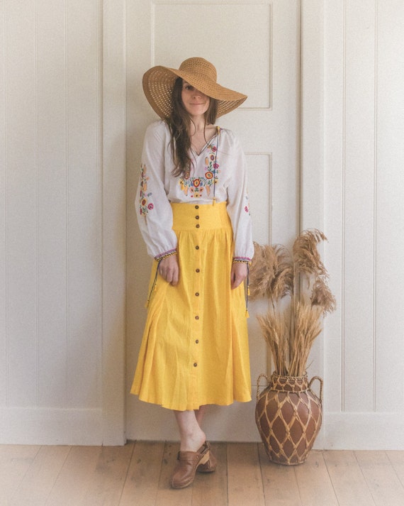 Vintage Shirred Waist Button Front Bright Yellow C
