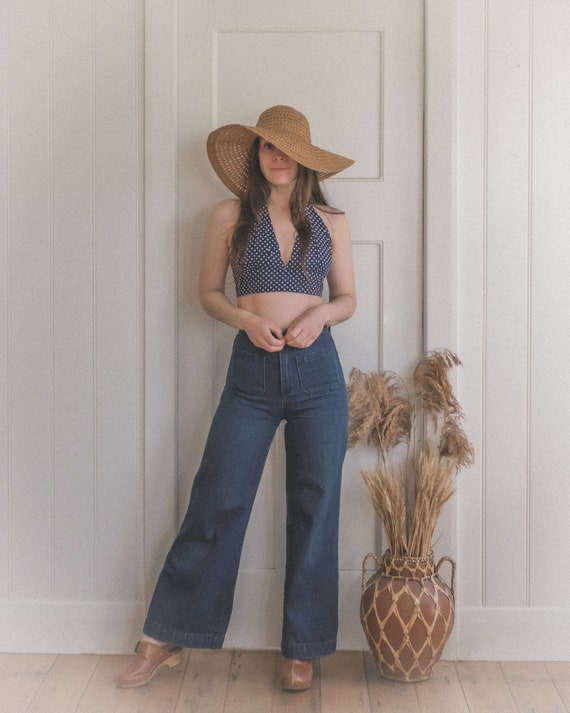 Vintage 70's Navy White Polka Dot Halter Crop Top.