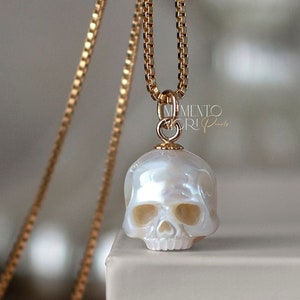 Pearl Skull Necklace 14k Gold Filled Skull Pendant Carved Pearl Pendant Gothic Jewelry White Pearl Pendant Gothic Pendant Skeleton Pendant