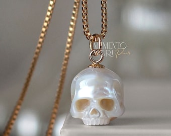 Hand Carved Pearl Skull Necklace, 14k Gold Filled or Sterling Silver