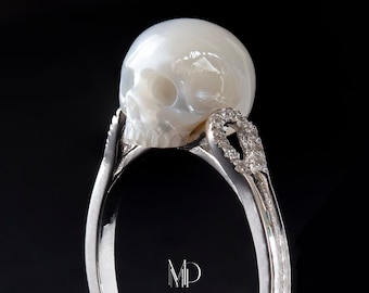 Pearl Skull Ring Sterling Silver Pearl Ring Skeleton Ring Gothic Ring Memento Mori