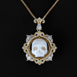Pearl Skull Necklace Silver Skull Pendant Carved Pearl Pendant Gothic Jewelry White Pearl Pendant Gothic Pendant Skeleton Pendant
