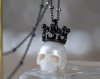 Pearl Skull Necklace Matte Crown Skull Pendant Carved Pearl Pendant Gothic Jewelry White Pearl Pendant Gothic Pendant Skeleton Pendant