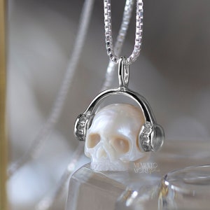 Pearl Skull Necklace Headphones Skull Pendant Carved Pearl Pendant Gothic Jewelry White Pearl Pendant Gothic Pendant Skeleton Pendant Sterling Silver