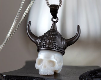 Pearl Skull Necklace Viking Hat Skull Pendant Carved Pearl Pendant Gothic Jewelry White Pearl Pendant Gothic Pendant Skeleton Pendant
