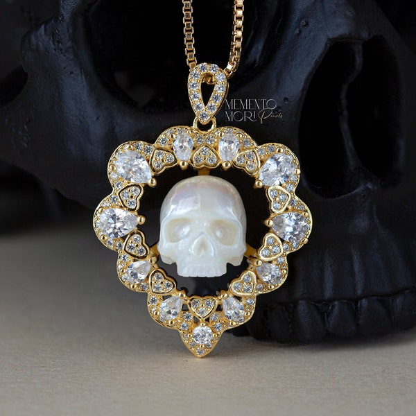 Pearl Skull Necklace Heart Skull Pendant Carved Pearl Pendant Gothic Jewelry White Pearl Pendant Gothic Pendant Skeleton Pendant