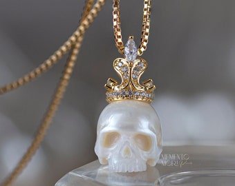 Carved Pearl Skull Pendant Necklace, Crowned Gothic Jewelry