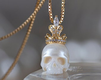 Pearl Skull Necklace Crown Skull Pendant Carved Pearl Pendant Gothic Jewelry White Pearl Pendant Gothic Pendant Skeleton Pendant