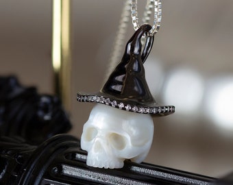 Pearl Skull Necklace Wizard Hat Skull Pendant Carved Pearl Pendant Gothic Jewelry White Pearl Pendant Gothic Pendant Skeleton Pendant