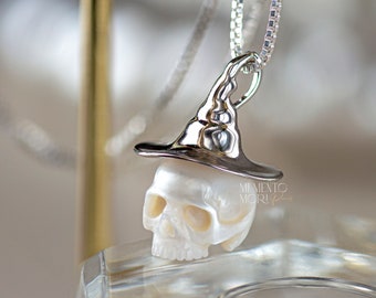 Hand-Carved Pearl Skull Wizard Hat Pendant, Gothic Necklace