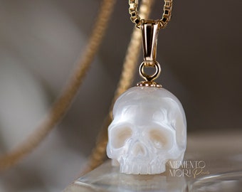 Pearl Skull Necklace 14k Gold Filled Skull Pendant Carved Pearl Pendant Gothic Jewelry White Pearl Pendant Gothic Pendant Skeleton Pendant