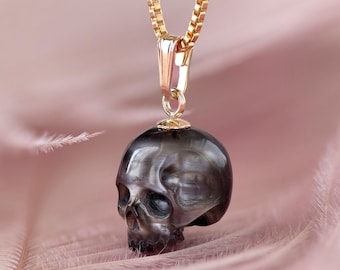 Black Pearl Skull Necklace Skull Pendant Carved Pearl Pendant Gothic Jewelry Grey Pearl Pendant Gothic Pendant Skeleton Pendant