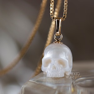 Pearl Skull Necklace 14k Gold Filled Skull Pendant Carved Pearl Pendant Gothic Jewelry White Pearl Pendant Gothic Pendant Skeleton Pendant