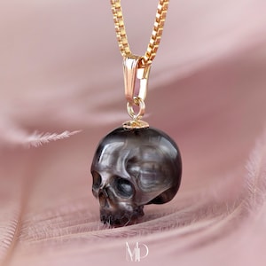 Black Pearl Skull Necklace Skull Pendant Carved Pearl Pendant Gothic Jewelry Grey Pearl Pendant Gothic Pendant Skeleton Pendant