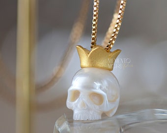 Pearl Skull Necklace Matte Crown Skull Pendant Carved Pearl Pendant Gothic Jewelry White Pearl Pendant Gothic Pendant Skeleton Pendant