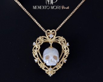 Perle Schädel Halskette Herz-Schädel-Anhänger Geschnitzte Perle Anhänger Gotischer Schmuck Weißer Perle Anhänger Gotischer Anhänger Skelett-Anhänger