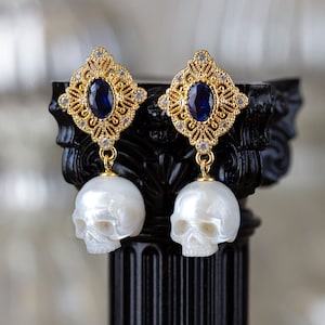 Pearl Skull Earrings Gothic Earrings Carved Pearl Earrings Gothic Jewelry White Pearl Earrings Macabre Earrings Skeleton Jewelry