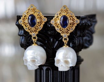 Pearl Skull Earrings Gothic Earrings Carved Pearl Earrings Gothic Jewelry White Pearl Earrings Macabre Earrings Skeleton Jewelry