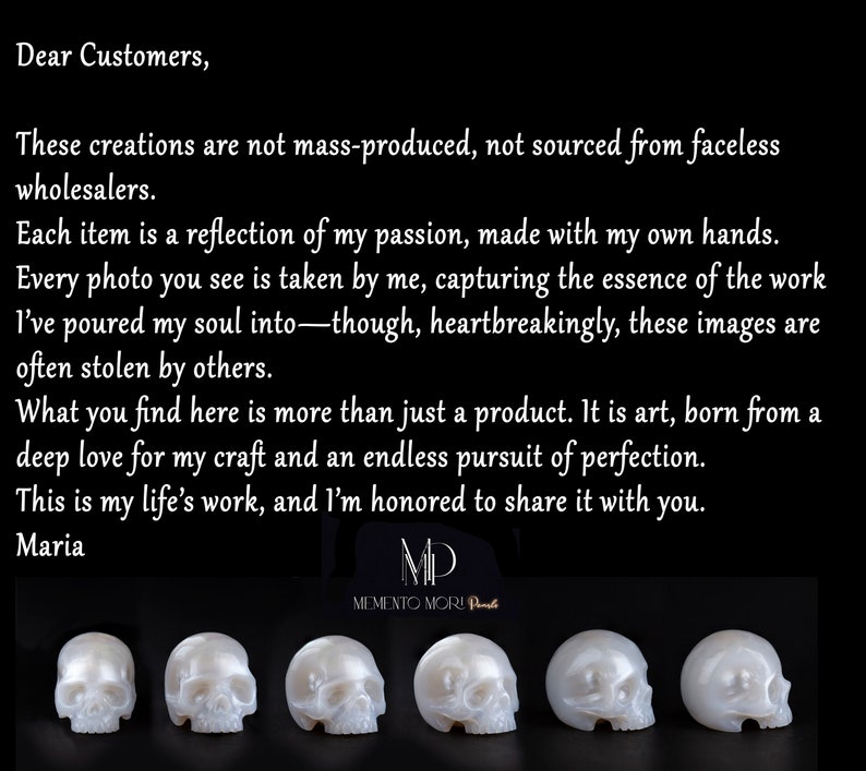 May include: Four white, hand-carved skull sculptures made of polished pearl. The sculptures are arranged in a row, with the skulls facing the viewer. The text "Memento Mori" is visible below the sculptures.