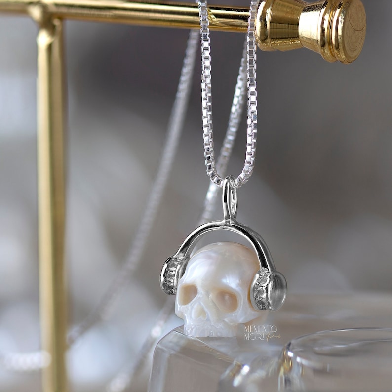 Pearl Skull Necklace Headphones Skull Pendant Carved Pearl Pendant Gothic Jewelry White Pearl Pendant Gothic Pendant Skeleton Pendant Sterling Silver