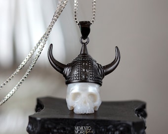 Hand-Carved Pearl Skull Viking Hat Pendant - Gothic Necklace