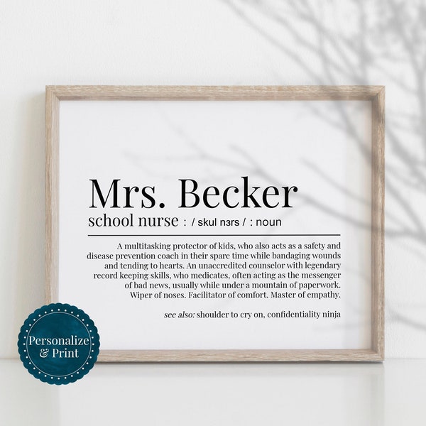 PERSONALIZED School Nurse Gift Funny Definition For School Nurse Health Office Decor Wall Art Printable Print Poster Unique Instant