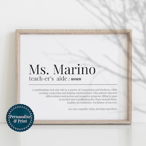 Definição personalizada de assistente do professor, presente engraçado para apreciação, obrigado, ajuda em sala de aula, decoração de escritório, arte de parede, impressão para impressão
