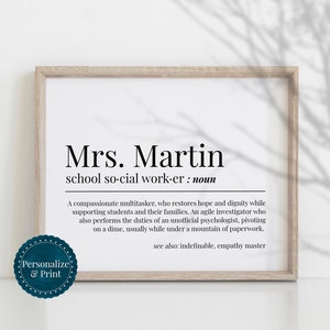 Regalo personalizado de trabajador social escolar para oficina de trabajo social decoración clínica pared arte graduación imprimible impresión cartel LSW CSW regalo del personal