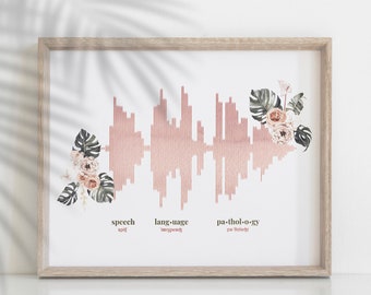 May include: A framed print with a pink sound wave graphic and floral accents. The text below the graphic reads "speech, language, pathology".