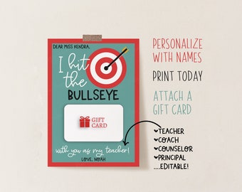 PERSONALIZED Teacher Gift Card Holder Printable for Appreciation Week Thank You Cards Cute Women Bulk School Staff Educator Preschool