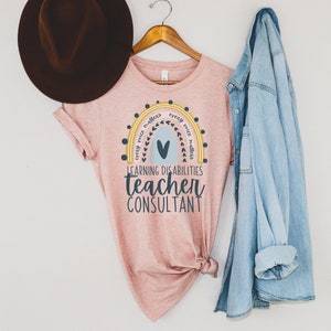 Puede incluir: Camiseta rosa con un gráfico de arcoíris y el texto "every voice matters" y "LEARNING DISABILITIES teacher CONSULTANT".